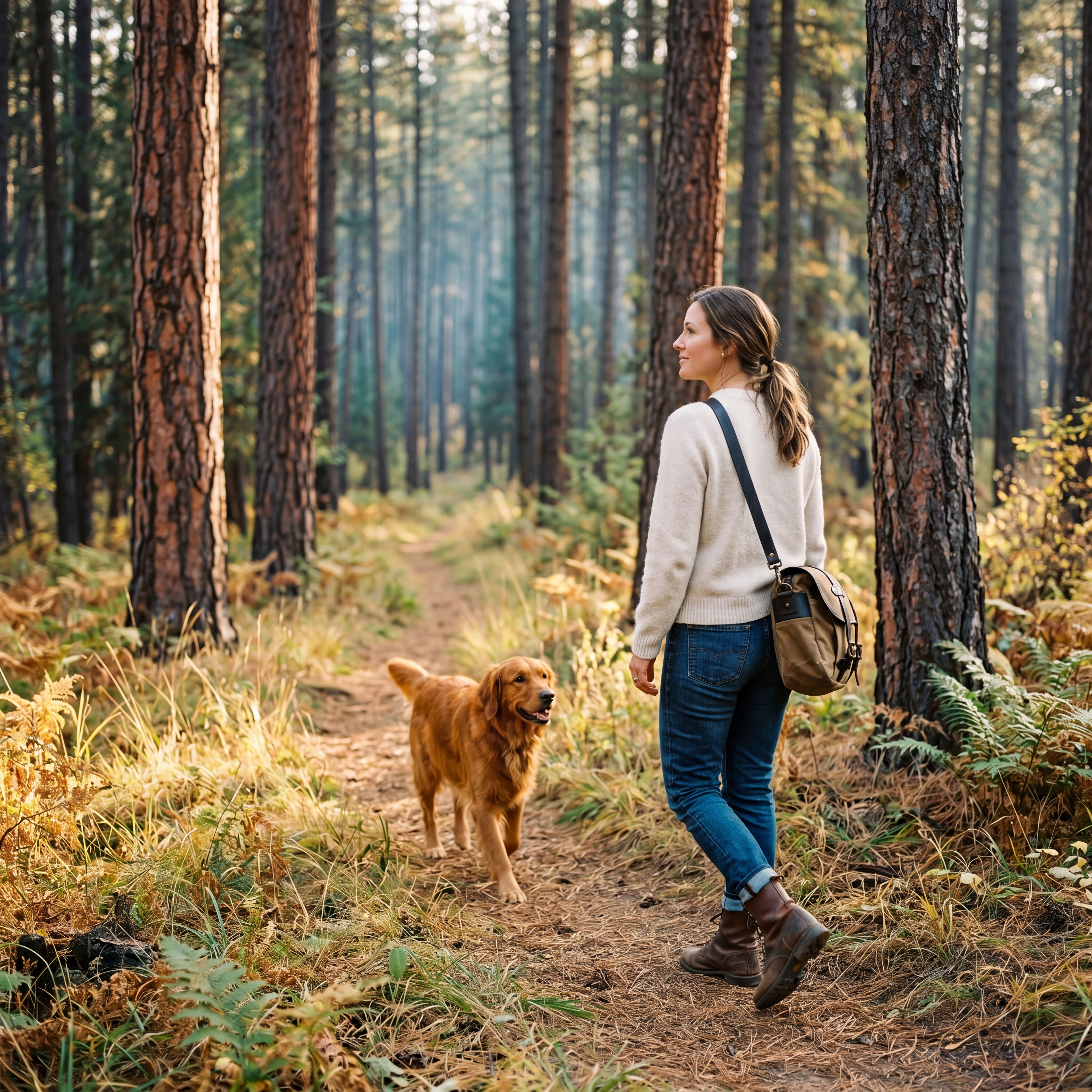 A woman and her dog on a pine-forest trail at golden hour.